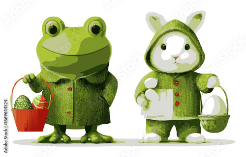 Cute Frog and Rabbit Characters in Colorful Spring Illustration