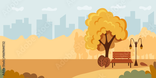 A picturesque Autumn Park Scene featuring a serene bench and a stunning city skyline