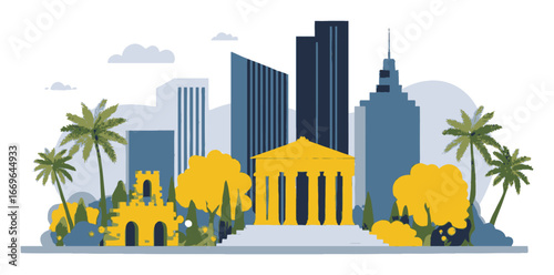 Flat Cartoon Cityscape with Buildings, Trees, and Historical Landmark Design