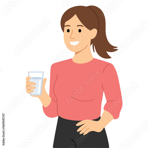 Woman holding glass of water promote hydration vector illustration