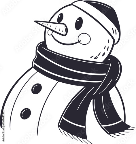 Cute and funny black and white cartoon vector illustration of a fish with a hat