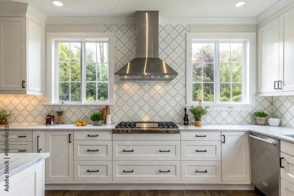 Fototapeta premium Modern white kitchen with stainless steel appliances and a herringbone tile backsplash illuminated by natural light