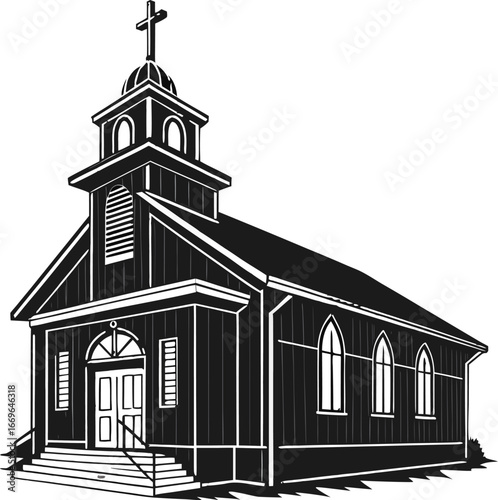 Church silhouette vector illustration of a rural wooden chapel with a cross against the sky