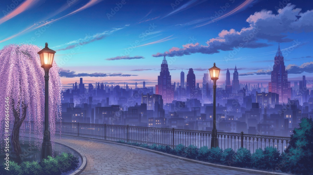 Obraz premium Enchanting city skyline at dusk with a blooming wisteria tree and illuminated street lamps along a scenic pathway