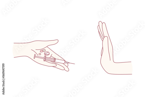 Refusal from drugs and pills concept. Human hand refusing and saying no to syringe narcotic drugs pills from human hand vector illustration