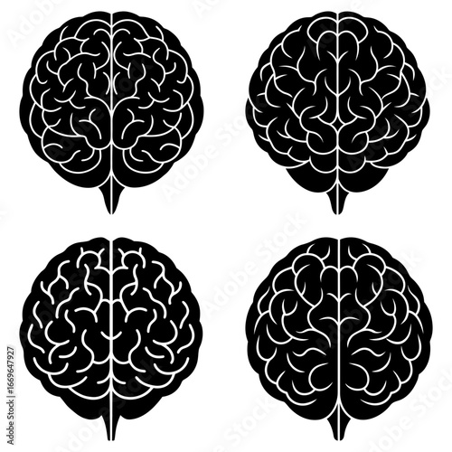 Four black and white brain illustrations showcasing different perspectives of the human brain anatomy