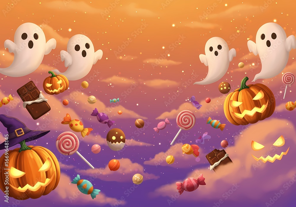 Fototapeta premium Whimsical Halloween Scene with Ghosts and Pumpkins