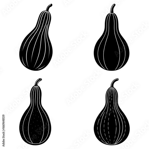 Four black and white gourd illustrations with vertical lines and curved stems on a white background