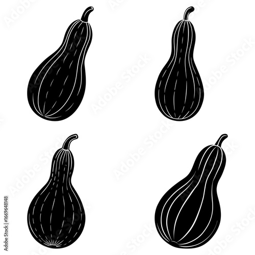 Four stylized black and white butternut squashes with vertical lines on a white background artfully arranged