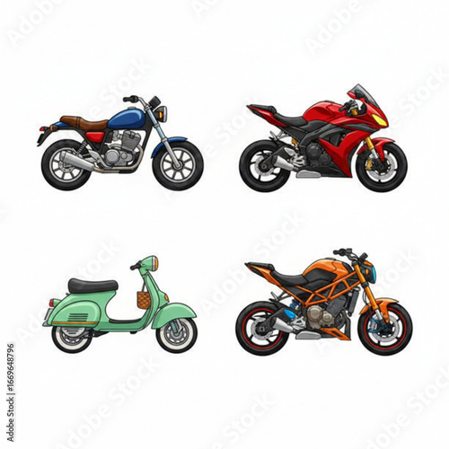 Vibrant illustrated collection of diverse motorcycles and a classic scooter, featuring modern sport, naked, and retro cruiser designs, perfect for transportation and automotive themes