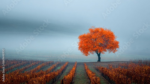 Misty vineyard landscape, solitary orange tree