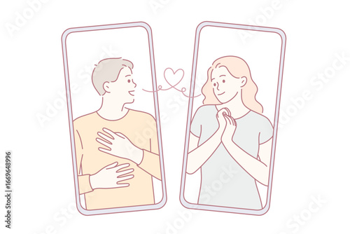 Online dating and communication concept. Young smiling happy couple man and woman dating and communication from smartphone screens online vector illustration