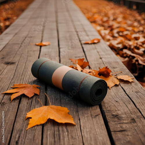 Yoga mat with autumn leaves on wooden deck, warm tones, minimalist seasonal wellness concept.