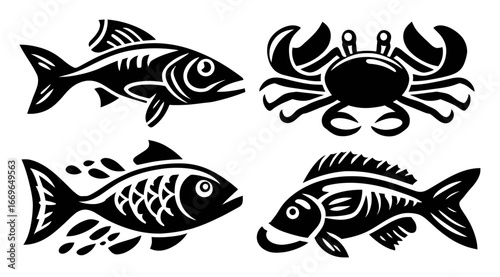 Black and White Fish and Crab Illustrations for Seafood Themes