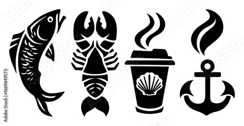 Seafood Icons with Fish, Lobster, Coffee, and Anchor in Black Silhouette