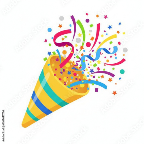 Colorful Party Confetti Exploding From a Party Popper on White Background