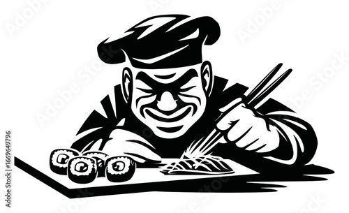 Traditional Chef Preparing Sushi with Skill and Precision in Black and White