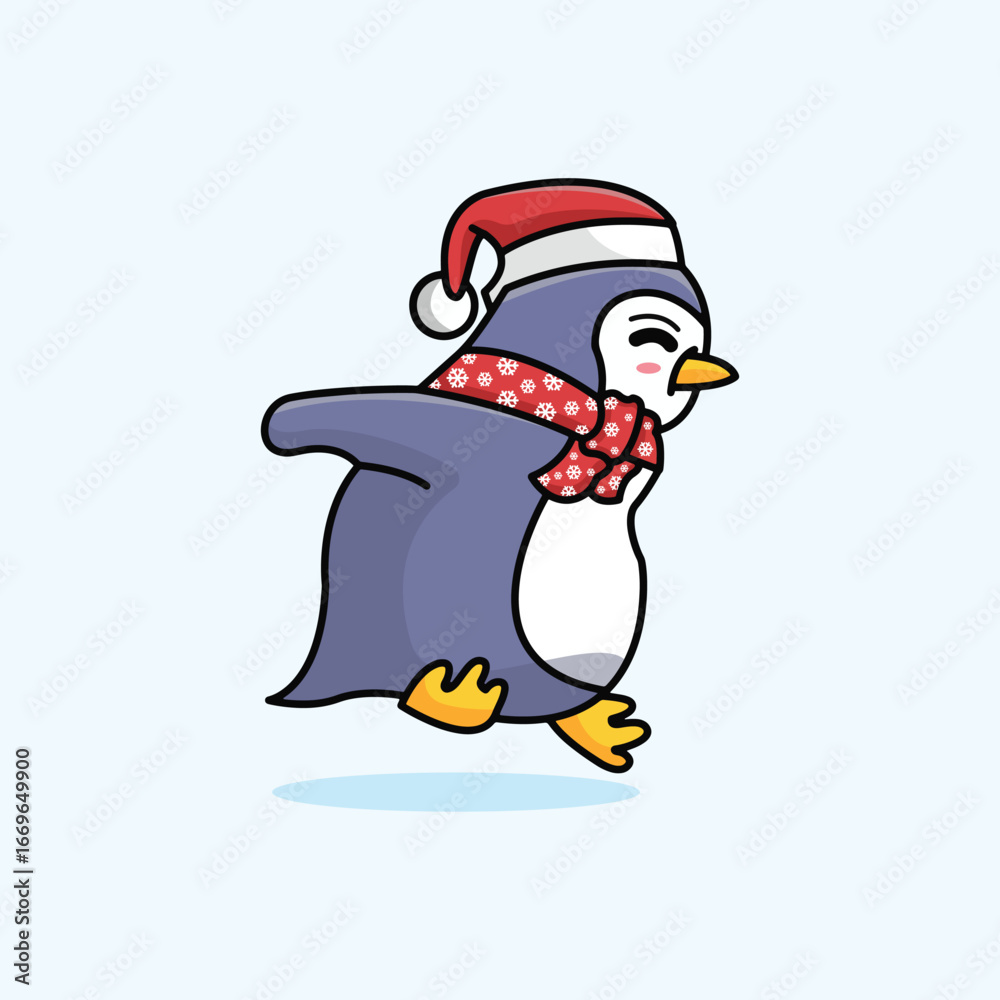 Obraz premium cute and funny penguin jumping cheerful santa hat art vector illustration 3