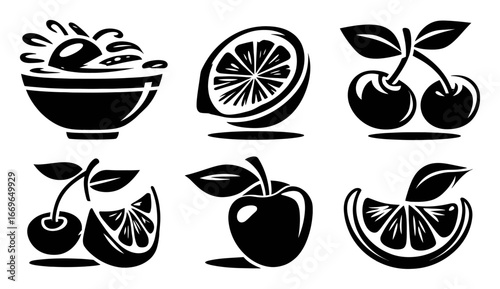 Black and White Fruit Icons with Bowl and Individual Fruit Designs
