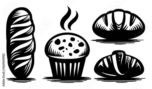 Fresh Bakery Treats Illustration with Breads and Muffin Design Elements