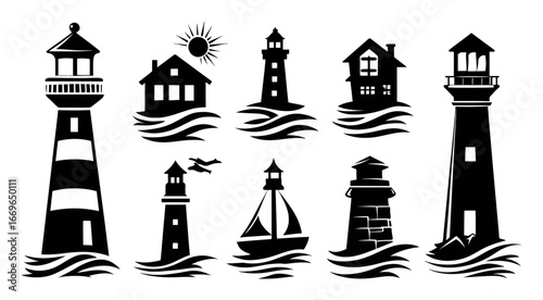 Black and White Silhouettes of Lighthouses and Nautical Elements