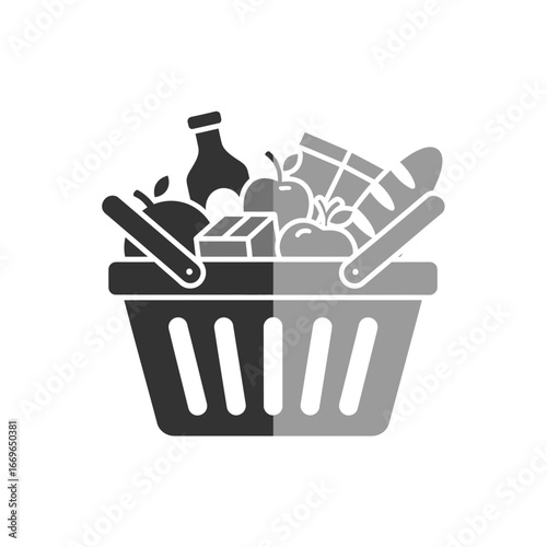Two-tone glyph icon of a full shopping basket for groceries and goods.