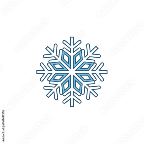 Geometric snowflake vector icon, pastel blue and white.