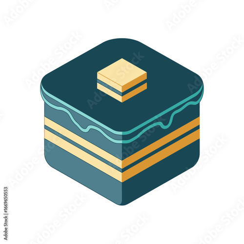 Isometric minimal sponge cake vector icon, deep teal and gold.