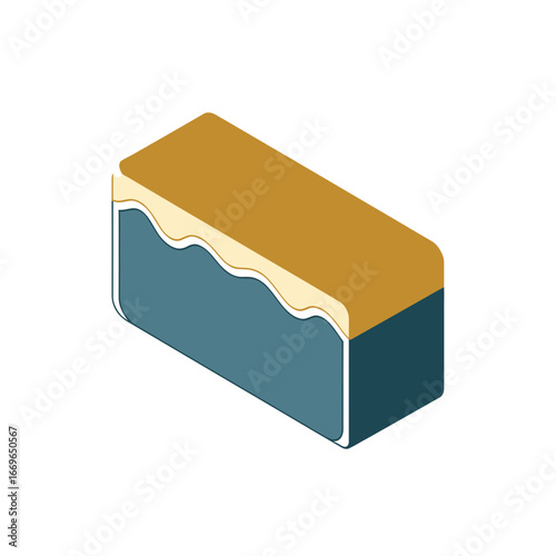 Isometric minimal sponge cake vector icon, deep teal and gold.