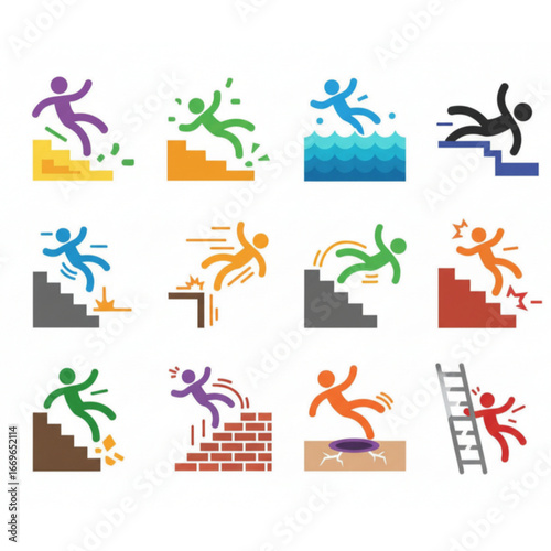 Collection of icons illustrating various accident scenarios including slips, falls, and injuries