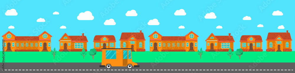 Obraz premium City street with houses, trees, transport in flat style. Flat composition of a city streets . Vector illustration