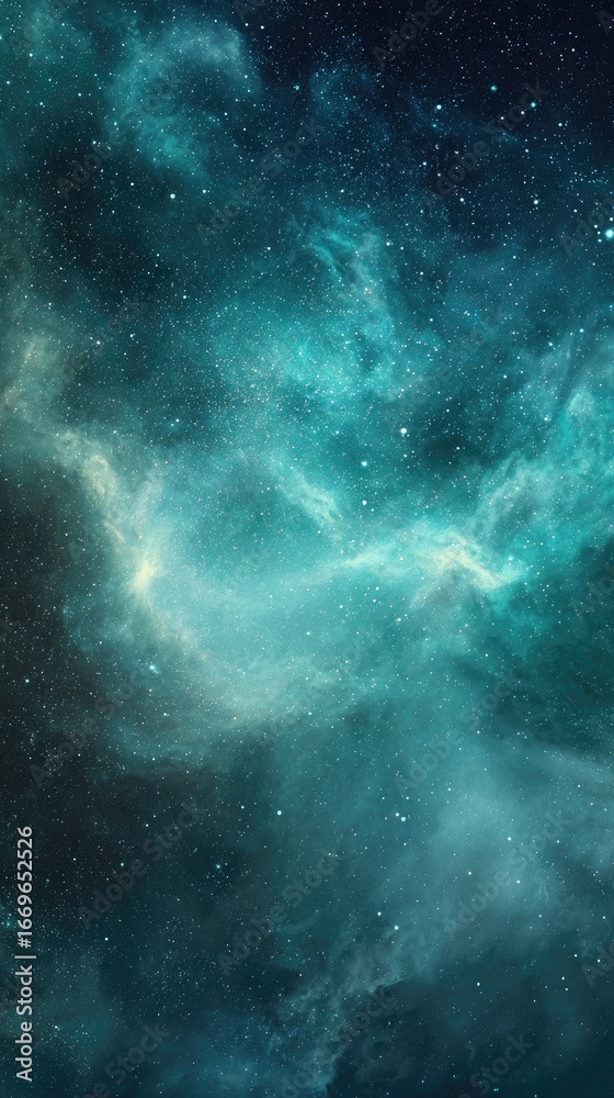 Fototapeta premium Deep space nebula, vibrant turquoise and teal hues, scattered stars