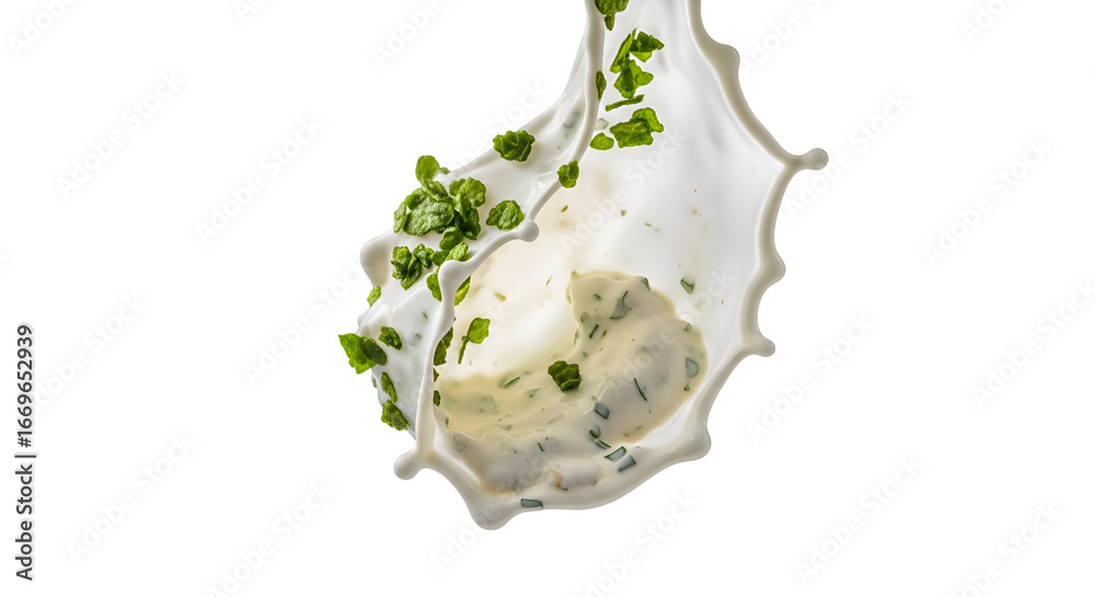 Obraz premium Creamy Sauce Splashes with Green Herbs on Transparent Background for Culinary Presentation