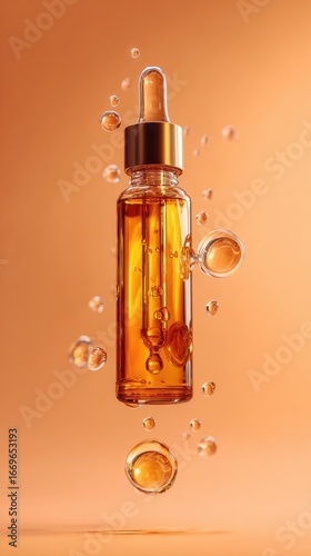 Amber serum bottle, golden dropper, floating in water droplets
