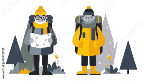 Two Cartoon Hikers with Backpacks Exploring a Nature Trail in Winter