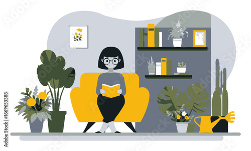 Cozy Indoor Reading Scene with Cartoon Character and Houseplants