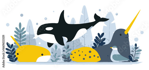 Colorful Flat Cartoon Animals Underwater in a Cute Illustration Style