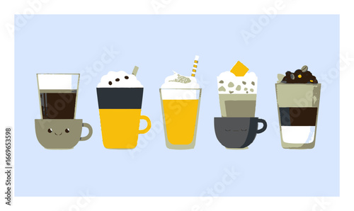 Cartoon Flat Design of Various Beverage Glasses on Light Blue Background