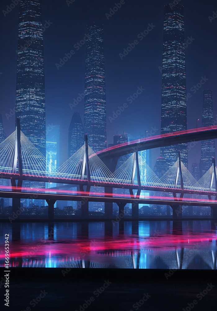 Obraz premium Surreal Futuristic Panorama with Neon Towers and Light Trails
