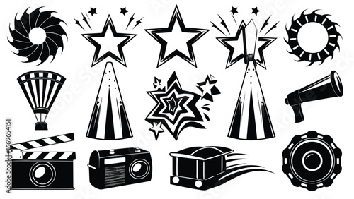 Collection of black and white entertainment and media related icons and symbols in vector format