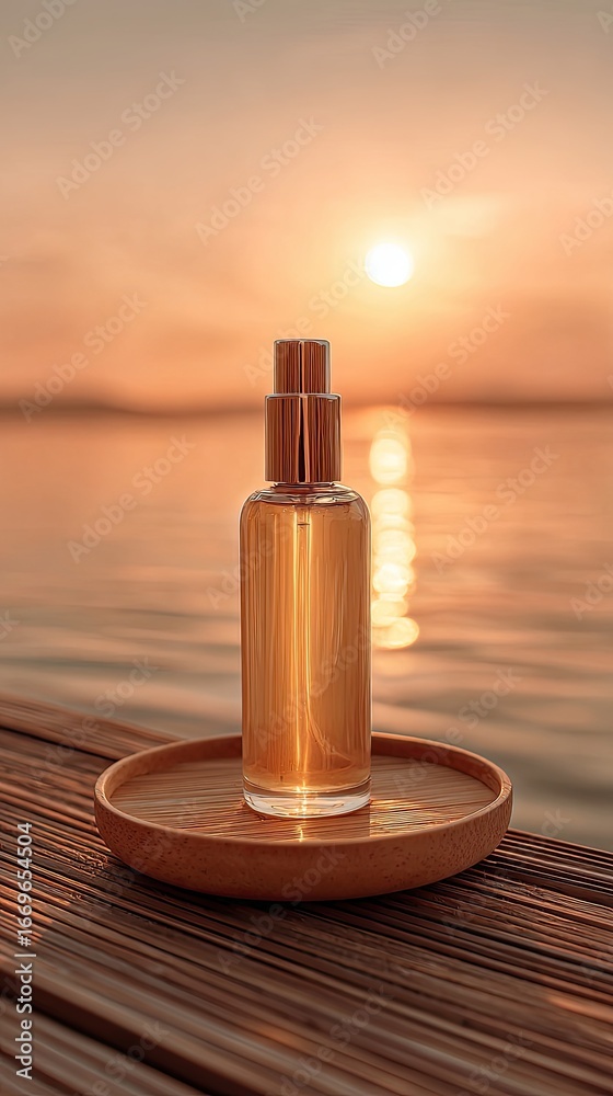Naklejka premium Amber spray bottle on wooden dock at sunset over water