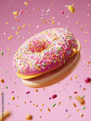 Pink donut with sprinkles in mid-air