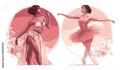 Elegant Ballerina and Graceful Dancer in Artistic Cartoon Style