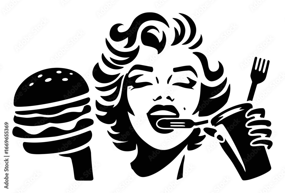 Fototapeta premium Vintage Style Illustration of Woman with Burger and Drink in Hand