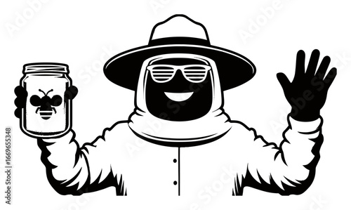 Cheerful Beekeeper with Honey Jar and Wave in Black and White Design