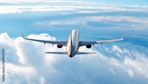 Rear View of Airplane Flying Above Clouds