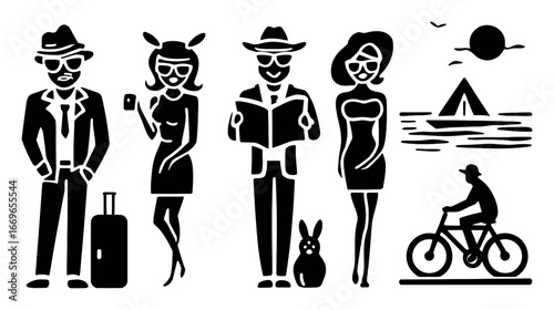 Stylish Summer Vacation Icons Featuring Fun Activities and Outfits