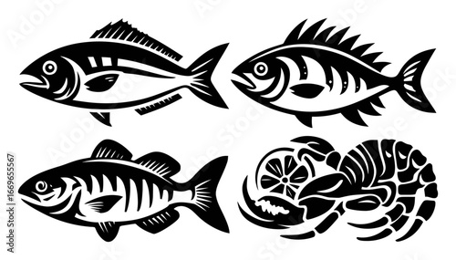 Black and White Illustrations of Various Fish and Sea Creatures Design