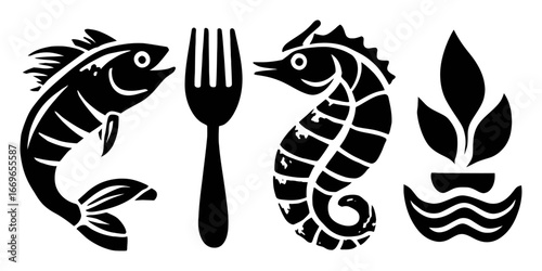 Black and White Seafood Icons with Fork, Fish, and Sea Patterns