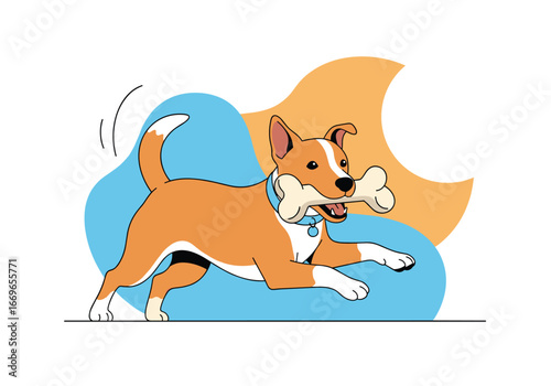Happy energetic dog running outdoors carrying a delicious bone in its mouth joyful canine companion enjoying playtime on a sunny day